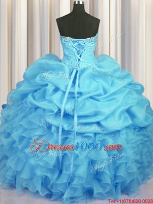 Simple Floor Length Lace Up Quinceanera Dress Baby Blue and In for Military Ball and Sweet 16 and Quinceanera with Beading and Ruffles and Ruching and Pick Ups