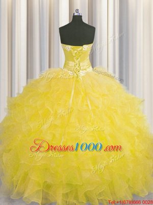 Cheap Handcrafted Flower Sweetheart Sleeveless Lace Up Quinceanera Gown Gold Organza