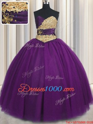 Modest Purple Ball Gowns Tulle Sweetheart Sleeveless Beading and Appliques Floor Length Lace Up Quinceanera Dress