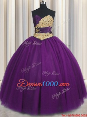 Modest Purple Ball Gowns Tulle Sweetheart Sleeveless Beading and Appliques Floor Length Lace Up Quinceanera Dress