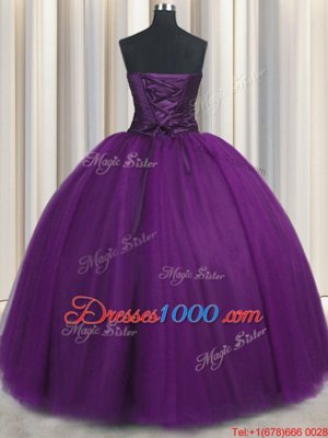 Modest Purple Ball Gowns Tulle Sweetheart Sleeveless Beading and Appliques Floor Length Lace Up Quinceanera Dress