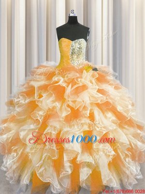 Ideal Sweetheart Sleeveless Vestidos de Quinceanera Floor Length Beading and Ruffles Multi-color Organza