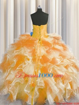 Ideal Sweetheart Sleeveless Vestidos de Quinceanera Floor Length Beading and Ruffles Multi-color Organza
