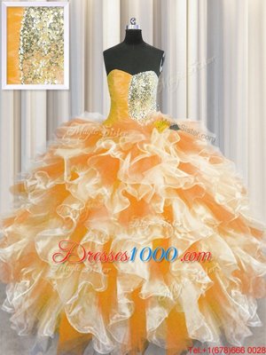 Ideal Sweetheart Sleeveless Vestidos de Quinceanera Floor Length Beading and Ruffles Multi-color Organza