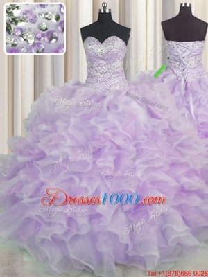 Lavender Organza Lace Up Quinceanera Dresses Sleeveless Floor Length Beading and Ruffles