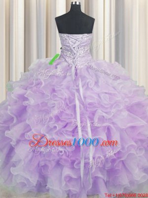 Lavender Organza Lace Up Quinceanera Dresses Sleeveless Floor Length Beading and Ruffles