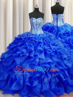 Trendy Visible Boning Brush Train Ball Gowns Quinceanera Dress Royal Blue Sweetheart Organza Sleeveless Lace Up