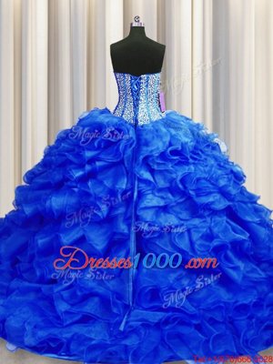 Trendy Visible Boning Brush Train Ball Gowns Quinceanera Dress Royal Blue Sweetheart Organza Sleeveless Lace Up