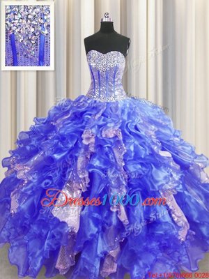 Fitting Visible Boning Royal Blue Organza and Sequined Lace Up Sweet 16 Dresses Sleeveless Floor Length Beading and Ruffles and Sequins