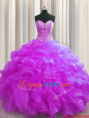 Visible Boning Sleeveless Lace Up Floor Length Beading and Ruffles Quince Ball Gowns