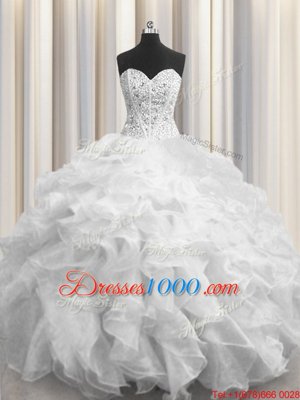 Comfortable Visible Boning White Organza Lace Up Sweetheart Sleeveless Floor Length Quinceanera Dress Beading and Ruffles