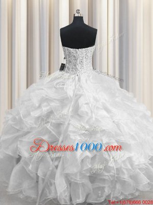 Comfortable Visible Boning White Organza Lace Up Sweetheart Sleeveless Floor Length Quinceanera Dress Beading and Ruffles