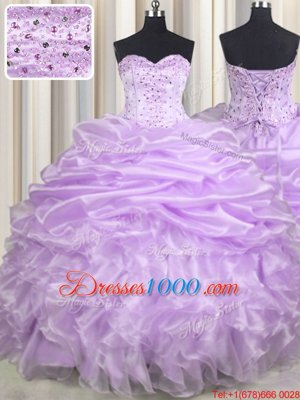 Lavender Quinceanera Gowns Military Ball and Sweet 16 and Quinceanera and For with Beading and Ruffles and Pick Ups Sweetheart Sleeveless Brush Train Lace Up