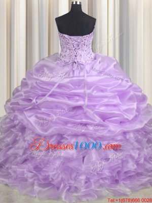 Lavender Quinceanera Gowns Military Ball and Sweet 16 and Quinceanera and For with Beading and Ruffles and Pick Ups Sweetheart Sleeveless Brush Train Lace Up