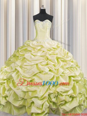 Popular Brush Train Light Yellow Sleeveless Beading and Pick Ups Lace Up 15 Quinceanera Dress