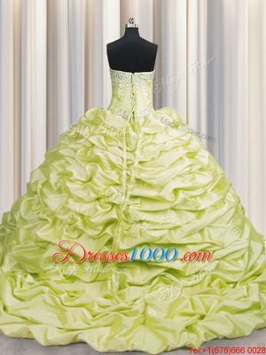 Popular Brush Train Light Yellow Sleeveless Beading and Pick Ups Lace Up 15 Quinceanera Dress