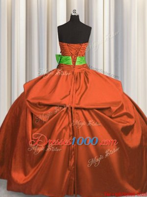 Discount Bowknot Rust Red Sleeveless Taffeta Lace Up Ball Gown Prom Dress for Military Ball and Sweet 16 and Quinceanera
