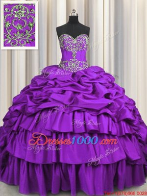 Sexy Purple Ball Gowns Taffeta Sweetheart Sleeveless Beading and Embroidery and Ruffled Layers and Pick Ups Lace Up Sweet 16 Dress Brush Train