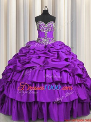 Sexy Purple Ball Gowns Taffeta Sweetheart Sleeveless Beading and Embroidery and Ruffled Layers and Pick Ups Lace Up Sweet 16 Dress Brush Train
