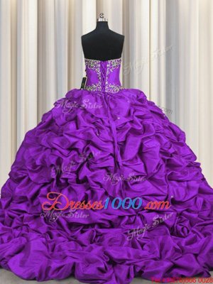 Sexy Purple Ball Gowns Taffeta Sweetheart Sleeveless Beading and Embroidery and Ruffled Layers and Pick Ups Lace Up Sweet 16 Dress Brush Train