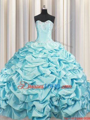 Brush Train Aqua Blue Sweetheart Lace Up Beading and Pick Ups Vestidos de Quinceanera Sweep Train Sleeveless