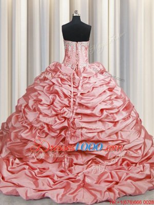 Pick Ups Baby Pink Sleeveless Taffeta Brush Train Lace Up Sweet 16 Dresses for Military Ball and Sweet 16 and Quinceanera