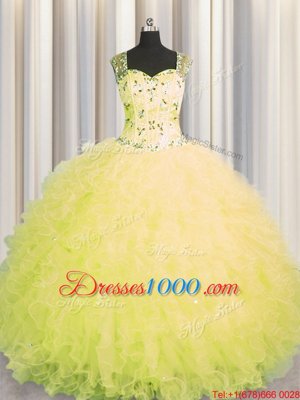 See Through Zipper Up Sleeveless Tulle Floor Length Zipper Quinceanera Gowns in Yellow for with Beading and Ruffles