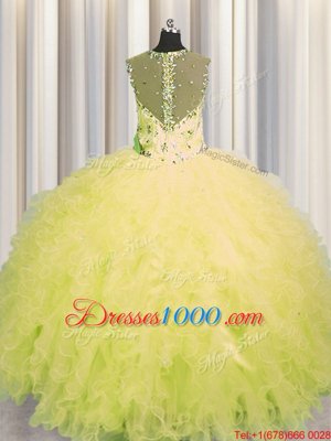 See Through Zipper Up Sleeveless Tulle Floor Length Zipper Quinceanera Gowns in Yellow for with Beading and Ruffles