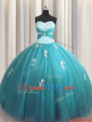 Top Selling Teal Halter Top Lace Up Beading and Appliques Quinceanera Dress Sleeveless