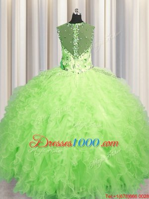 Adorable See Through Zipper Up Green Tulle Zipper Sweet 16 Quinceanera Dress Sleeveless Floor Length Beading and Ruffles