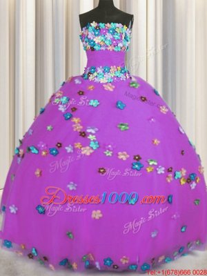 Fitting Purple Ball Gowns Hand Made Flower 15th Birthday Dress Lace Up Tulle Sleeveless Floor Length