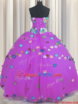 Fitting Purple Ball Gowns Hand Made Flower 15th Birthday Dress Lace Up Tulle Sleeveless Floor Length
