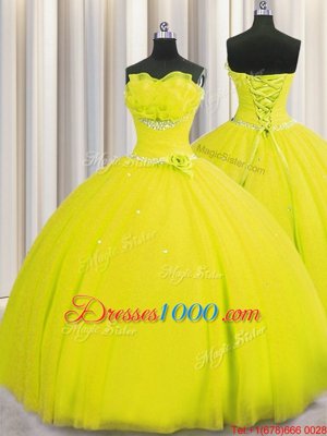 Great Handcrafted Flower Yellow Sleeveless Floor Length Beading and Sequins and Hand Made Flower Lace Up Quinceanera Gown