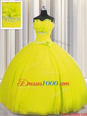 Great Handcrafted Flower Yellow Sleeveless Floor Length Beading and Sequins and Hand Made Flower Lace Up Quinceanera Gown