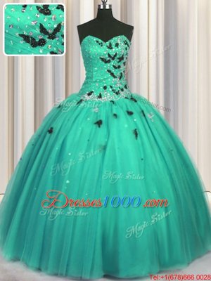 Floor Length Turquoise Ball Gown Prom Dress Sweetheart Sleeveless Lace Up