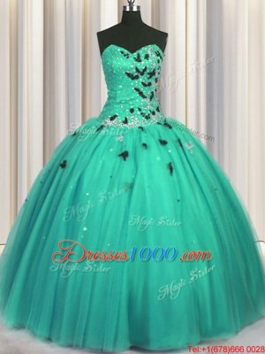 Floor Length Turquoise Ball Gown Prom Dress Sweetheart Sleeveless Lace Up