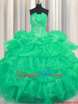 Low Price Pick Ups Ruffled Ball Gowns Quinceanera Dress Turquoise Strapless Organza Sleeveless Floor Length Lace Up