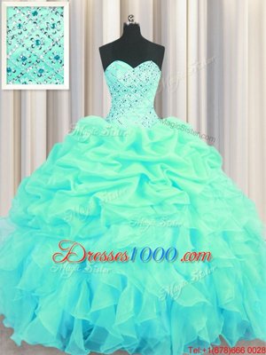 Pretty Organza Sleeveless Floor Length Ball Gown Prom Dress and Beading and Ruffles and Pick Ups