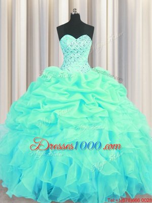 Pretty Organza Sleeveless Floor Length Ball Gown Prom Dress and Beading and Ruffles and Pick Ups