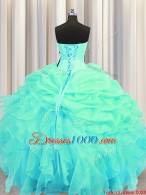 Pretty Organza Sleeveless Floor Length Ball Gown Prom Dress and Beading and Ruffles and Pick Ups