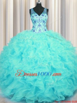 Ideal V Neck Beading and Appliques and Ruffles Sweet 16 Dresses Aqua Blue Zipper Sleeveless Floor Length