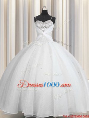 White Vestidos de Quinceanera Military Ball and Sweet 16 and Quinceanera and For with Beading and Ruching Spaghetti Straps Sleeveless Lace Up
