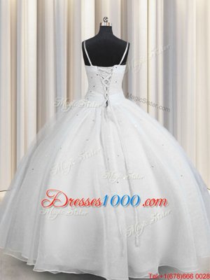 White Vestidos de Quinceanera Military Ball and Sweet 16 and Quinceanera and For with Beading and Ruching Spaghetti Straps Sleeveless Lace Up