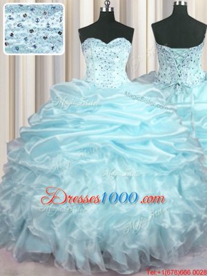 Smart Sweetheart Sleeveless Organza Quince Ball Gowns Beading and Ruffles and Pick Ups Brush Train Lace Up