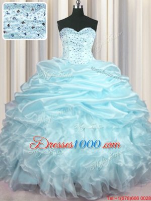 Smart Sweetheart Sleeveless Organza Quince Ball Gowns Beading and Ruffles and Pick Ups Brush Train Lace Up
