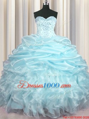 Smart Sweetheart Sleeveless Organza Quince Ball Gowns Beading and Ruffles and Pick Ups Brush Train Lace Up