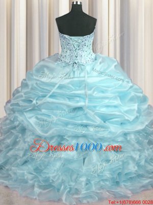 Smart Sweetheart Sleeveless Organza Quince Ball Gowns Beading and Ruffles and Pick Ups Brush Train Lace Up