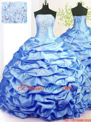 Sweep Train Baby Blue Ball Gowns Beading and Pick Ups Quinceanera Gowns Lace Up Taffeta Sleeveless With Train