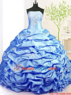 Sweep Train Baby Blue Ball Gowns Beading and Pick Ups Quinceanera Gowns Lace Up Taffeta Sleeveless With Train