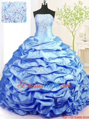 Sweep Train Baby Blue Ball Gowns Beading and Pick Ups Quinceanera Gowns Lace Up Taffeta Sleeveless With Train